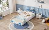 ZNTS Wooden Race Car Bed,Car-Shaped Platform Twin Bed with Wheels For Teens,White & Blue WF310553AAK