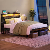 Queen size Platform Bed Frame with 105-Degree Tilted Upholstered Headboard, Charging Station, LED W1903P195268