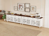 Vintage Sideboard Buffet Cabinet with Hand-Carved Geometric Doors, Distressed Light Wood Finish with W688P360028