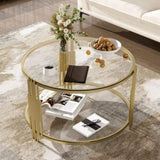 Modern Glass Coffee Table in 31.5", Asymmetrical Metal, Circular Metal Drum Base, Gold Finish & N735P177478K
