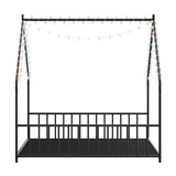 Full size children's bed frame with LED light strips, roof-shaped iron frame bed, Black,78.5" L x W1820P308331