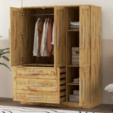 4 Door Wardrobe Armoire Closet with 3 Drawers, Natural 19066469