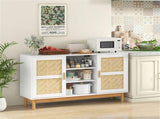 Natural & White Buffet Cabinet with Bamboo Woven Patterns, 3 Open Shelves & 2 Cabinets 12554102