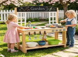 Natural Wooden Kids Mud Kitchen Playset with Bench & Removable Sink, Complete Cookware Accessories 66519414