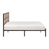 1pc Queen Platform Bed, Metal Frame Dark Bronze Finish Faux Cane Panel Headboard Casual Coastal B011P214030
