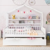 Wooden Full Size House Bed with Twin Size Trundle,Kids Bed with Shelf, White WF301683AAK