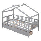 Twin Size Wooden House Bed with Two Drawers, Gray WF302181AAE