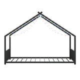 Twin size children's bed frame with LED light strips, roof-shaped iron frame bed, black,78.5" L x W1820P308329