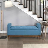 ZNTS Mid-Century Modern Lift Top Storage Bench 1pc Tufted Blue Upholstered Solid Wood Walnut Finish B011P169817