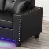 Sorenza 74"W Black PVC Reversible Sectional Sofa Chaise with LED Light, USB Port, Nailhead Trim, B061P284876
