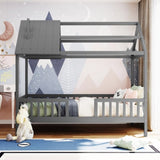 Twin Size Wood House Bed with Fence, Gray WF289640AAE