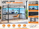 Full Size Metal Loft with Desk, LED Light Strip & Power Outlet, Heavy Duty Round Tube High Loft 98132529