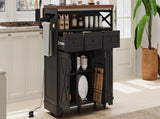 K&K 46.5'' Farmhouse Kitchen Island with Drape of Beads, Power Outlet, Rolling Kitchen Cart on N707P254872B