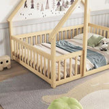 ZNTS Full Wood House-Shaped Floor Bed with Fence, Guardrails,Natural W504P143295