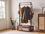Solid Wood Freestanding Coat Rack with Rolling Wheels & Storage Basket, 27.56"15.75"70.87", Walnut W5368P553521