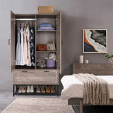 Embossed particle board with triamine 9262 retro gray 2 doors 1 drawer iron shelf wardrobe 64563118