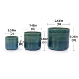 Handmade Green Glazed Ceramic Planter Set of 3, 10" 8" 6" Diameter, Square Grid Pattern, for W3273P322259