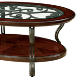 ZNTS Traditional Style Brown Cherry 1pc COFFEE TABLE Open Bottom Shelf Ornate Design Glass Top Living B011P203063