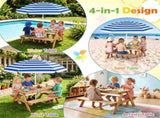 3-in-1 Kids Picnic Table with Adjustable Umbrella, Fir Wood Outdoor Activity Table Set with 27708092