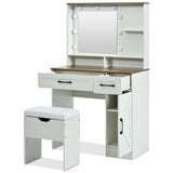 Farmhouse Makeup Vanity Desk with Mirror and Lights, 3 Lighting Modes, Vanity Set with Stool, 45077728