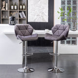 Breni Velvet Diamond Tufted Swivel Adjustable Height Barstool, Set of 2, Gray T2574P164871