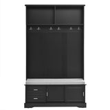 ON-TREND Elegant Hall Tree with Sliding Doors, Versatile Coat Rack with 6 Silvery Hooks & Handles, N721P205787B