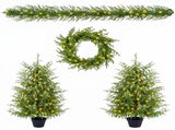 4-Piece Christmas Tree Set 2 Trees with Sturdy Bases, 1 Pre-Lit Wreath, 1 Garland, Warm White N710P513664F