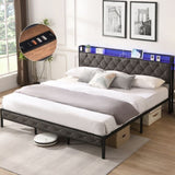 King Bed Frame Storage Headboard, Charging Station and LED Lights, Upholstered Platform Bed W1916124806