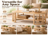 2-Tier Oval Coffee Table, 37.8" x 19.7" x 18.1", Melamine MDF & Iron Frame, Rattan Shelf, Wood Grain 74303718
