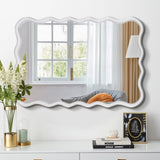 Solid Wood Wavy Rectangle Mirror-Natural-Wood 40" x 28" Modern Mirror Wall Decor for Bathroom, W1445P246641