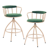 2 Pcs Green Burlap Swivel Bar Stools with Khaki Powder-Coated Metal Legs 79166749
