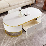 Modern Oval Coffee Table with Drawers,Curved Profile Design, Gold Metal Decor, Center Table for N735P192897K