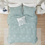 4 Piece Cotton Reversible Embroidered Quilt Set with Throw Pillow Aqua Full/Queen B03595790