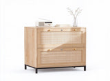 Wide 2-Drawer Wooden Filing Cabinet, Light Oak Color, MDF with Melamine Veneer & Rattan Panel 93775717