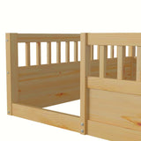 ZNTS Full Floor Bed Frame with Fence, Wood Kids Floor Beds Frame for Bedroom Playroom,Natural W2593P164752