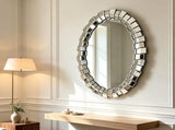 Textured Geometric Square Block Frame Round Mirror, Decorative Hanging Wall Mirror for Entry Living W3836P552374