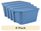 (4 pack) 18 Gallon Tote, Plastic Storage Bin with Snap-on Lid, Stackable, Blue 01884659