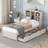 ZNTS Modern Twin Size Bed Frame With Built-in USB Port on Bookcase Headboard and 2 Drawers for White W697P152022