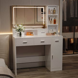 White dressing table with LED 3-color illuminated mirror and power outlet, dressing table with W1320P186696