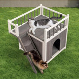 ZNTS 2-Story Wooden Feral Cat House Dog House for Outdoor and Indoor, Pet House with Stairs, Grey & White 10767951