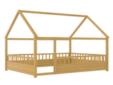 Full Size Floor Wooden Bed with House Roof Frame, Fence Guardrails W1858P310085