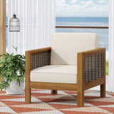 Outdoor Acacia Wood Club Chair with Wicker Accents, Teak Finish Mixed Brown Beige, 30.25