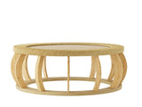 35.43"Vintage Rattan Solid Wood Round Coffee Table, Curved Legs Boho Accent Table for Dining Room, W757P383547