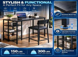 Bar Table and Stool Set 1 Table 2 Stools, Black Wood Grain MDF Tabletop & Gold Metal Frame, Padded 27543993