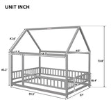 ZNTS Full Size Floor Wooden Bed with House Roof Frame, Fence Guardrails ,Grey 34864864