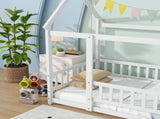 Twin Size House Floor Wooden Bed with Roof Frame,Safety Guardrails,White W504P286403