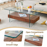 ZNTS 43.3 Inch Modern Two-Tier Coffee Table - Clear Tempered Glass and Dark Wood Grain, Multifunctional W1151P232626