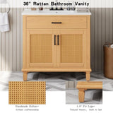 36" Rattan Bathroom Vanity with Ceramic Sink, Modern Bathroom Sink Cabinet with 2 Soft Close Doors N817P271077N