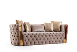 Button Tufted Sofa with Velvet Fabric and Gold Accent in Taupe B00961115