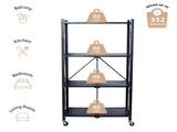4 Shelf Foldable Metal Storage Shelves, Wheels, Adult, Kitchen, Laundry Room, Black 51689566